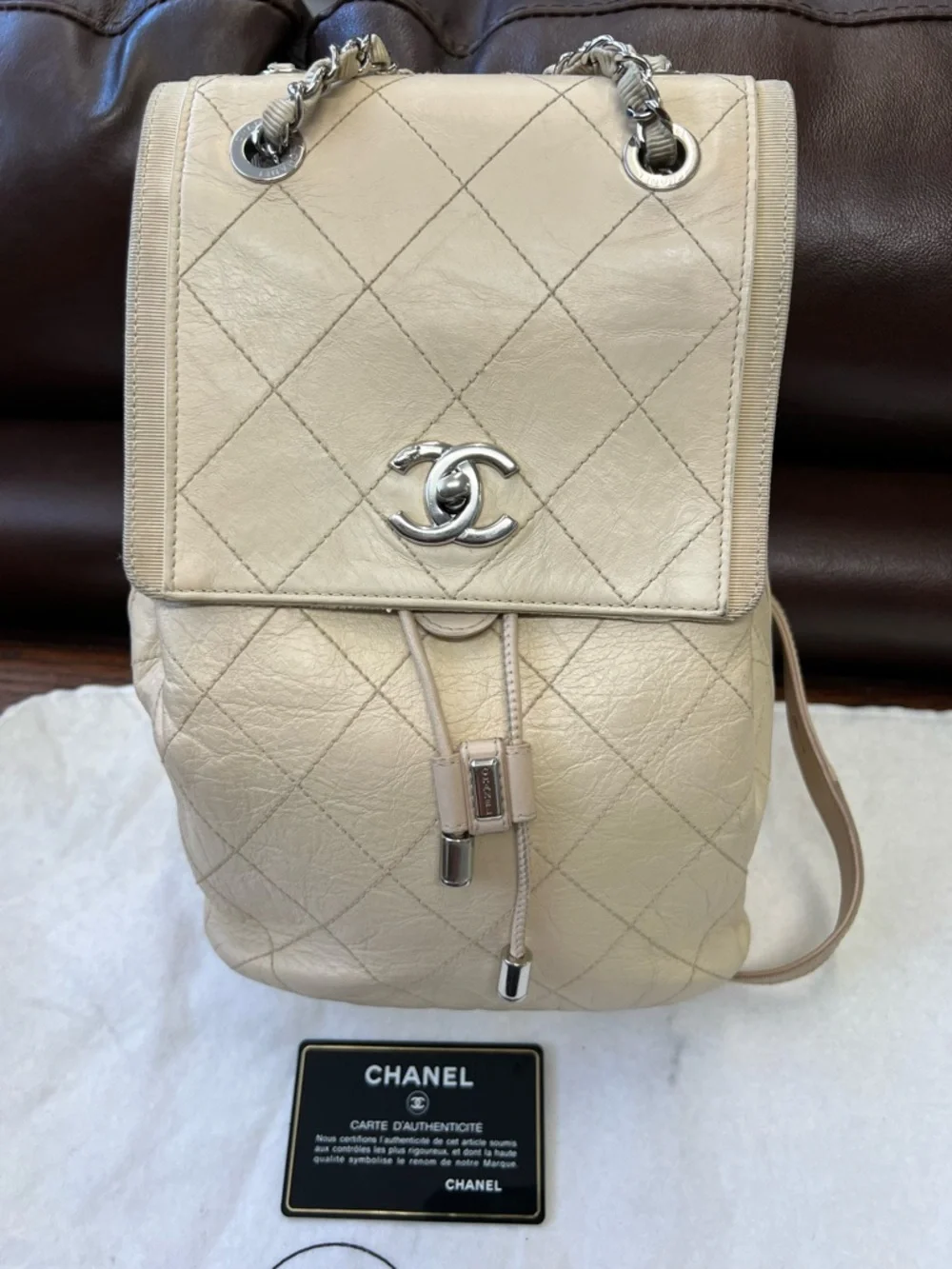 CHANEL Beige Quilted Leather Drawstring Backpack with CC with wallet
